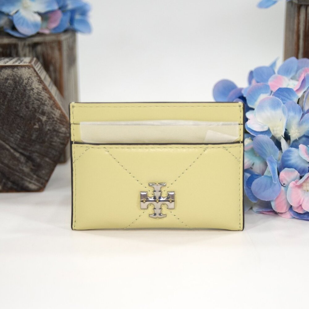 Tory Burch Pear Green Leather Kira Quilted Logo Card Case Mini Wallet NWT